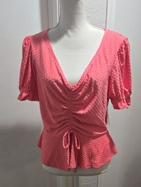 meraki Coral Pink Ruched V-Neck Tie-Front Blouse